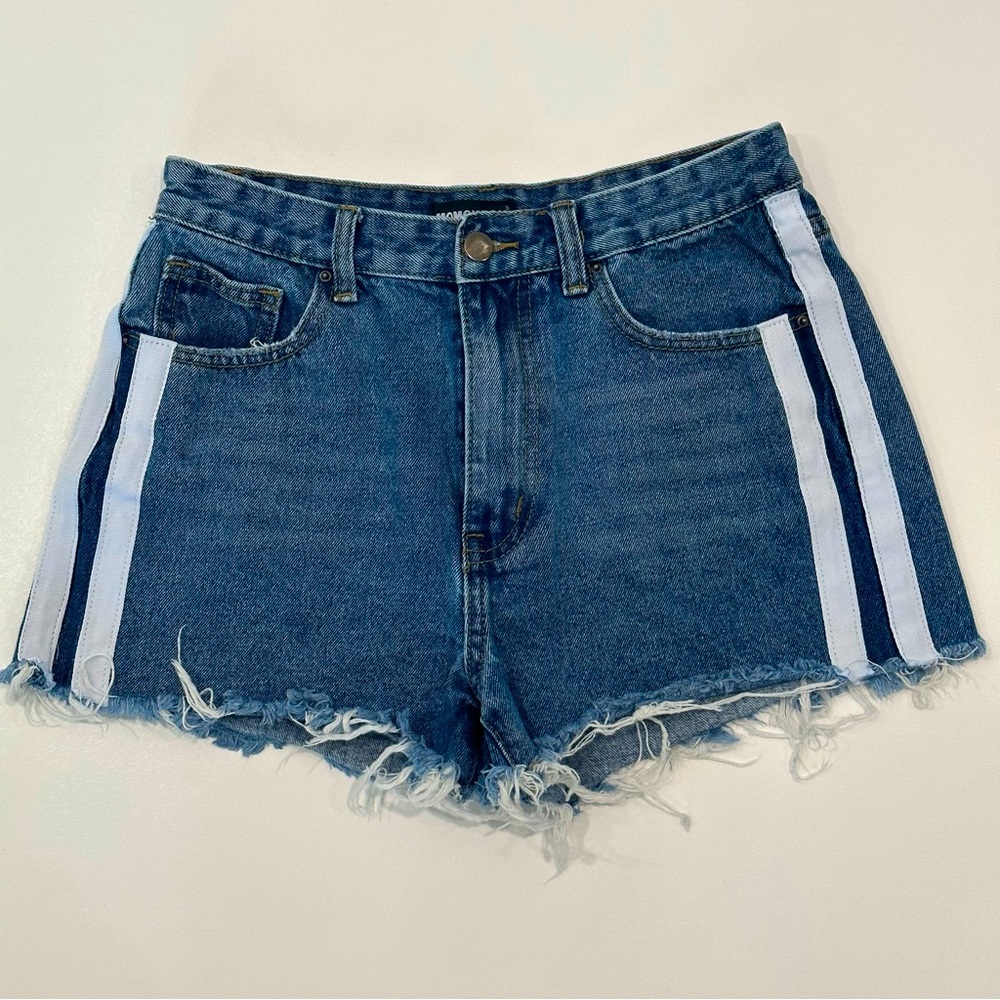Momokrom High Rise Striped Raw Hem Cutoff Jean Shorts Women’s size 8